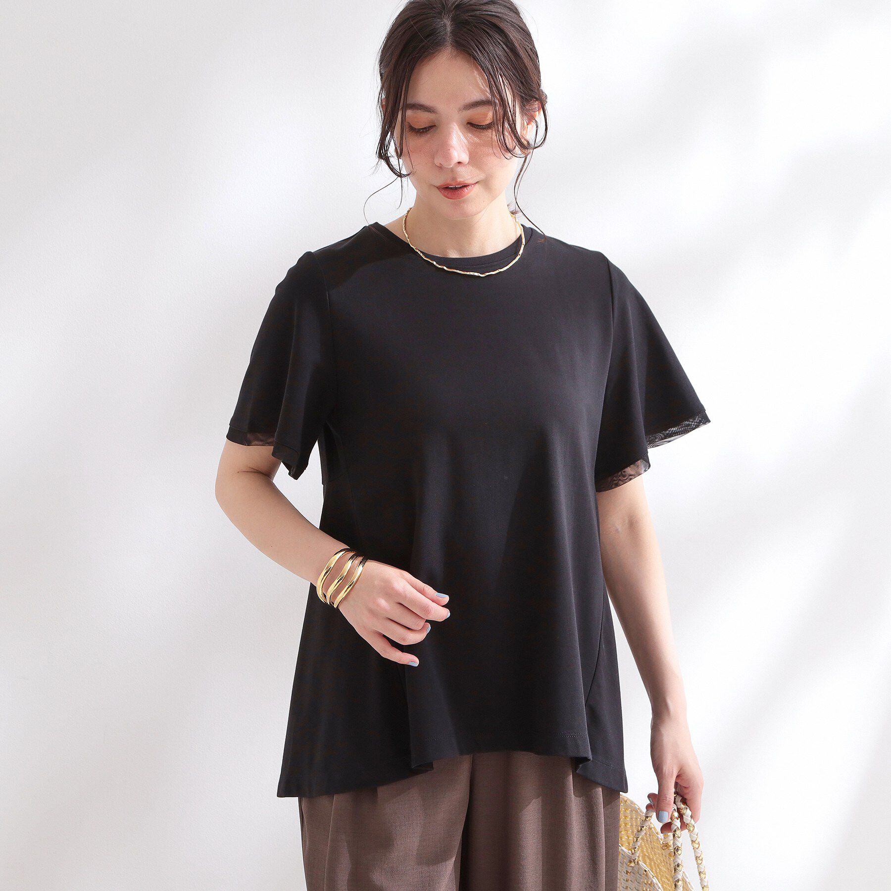 OPAQUE.CLIP「【UVケア／接触冷感】スーパーアイス 袖チュールペプラムカットソー《洗濯機OK》」|Tシャツ・カットソー|