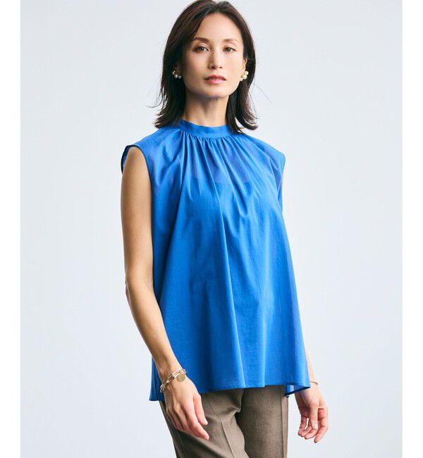 BEIGE,「【洗える】BAC / コットンバックボウタイノースリーブブラウス」|シャツ・ブラウス|Blue