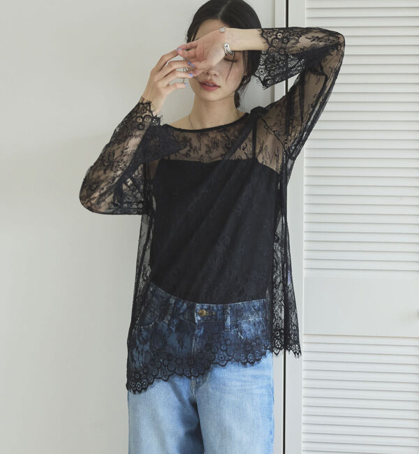 Doux archives「スカラップレーストップス」|シャツ・ブラウス|BLACK