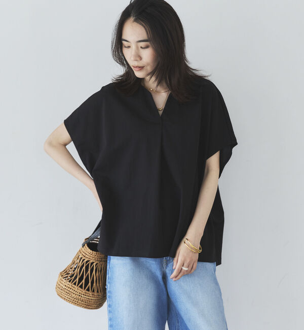 Doux archives「ウォッシャブル・ＵＶ機能機能スキッパーＴＯＰＳ」|Tシャツ・カットソー|BLACK