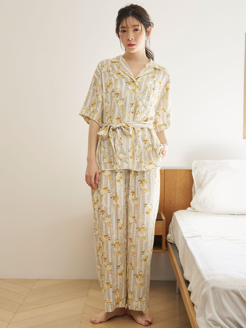 SNIDEL HOME「【接触冷感】ストライプフラワーロングパンツ」|ルームウェア|YEL