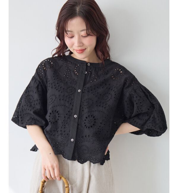  「カットワーク刺繍バルーンスリーブブラウス」|シャツ・ブラウス|ブラック
