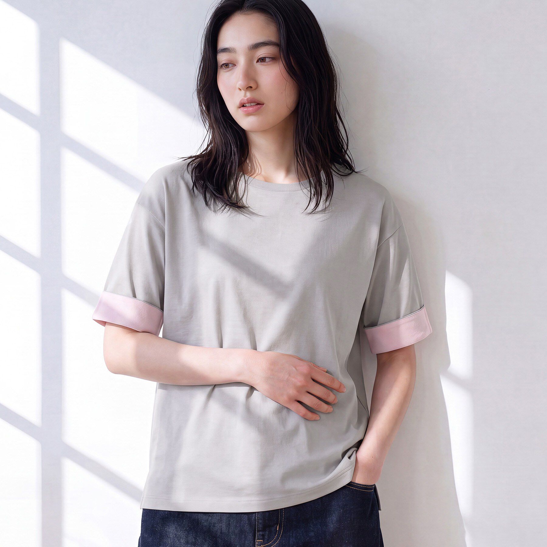 Dessin「【汗シミ防止/UVカット】配色スリーブ 五分袖プルオーバー」|Tシャツ・カットソー|