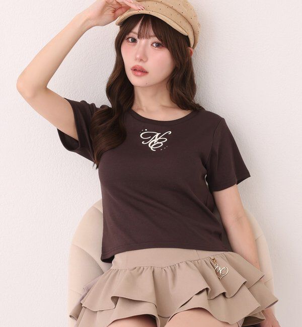  「ストーン付ワンポイント刺繍ロゴTee」|プルオーバー|ブラウン