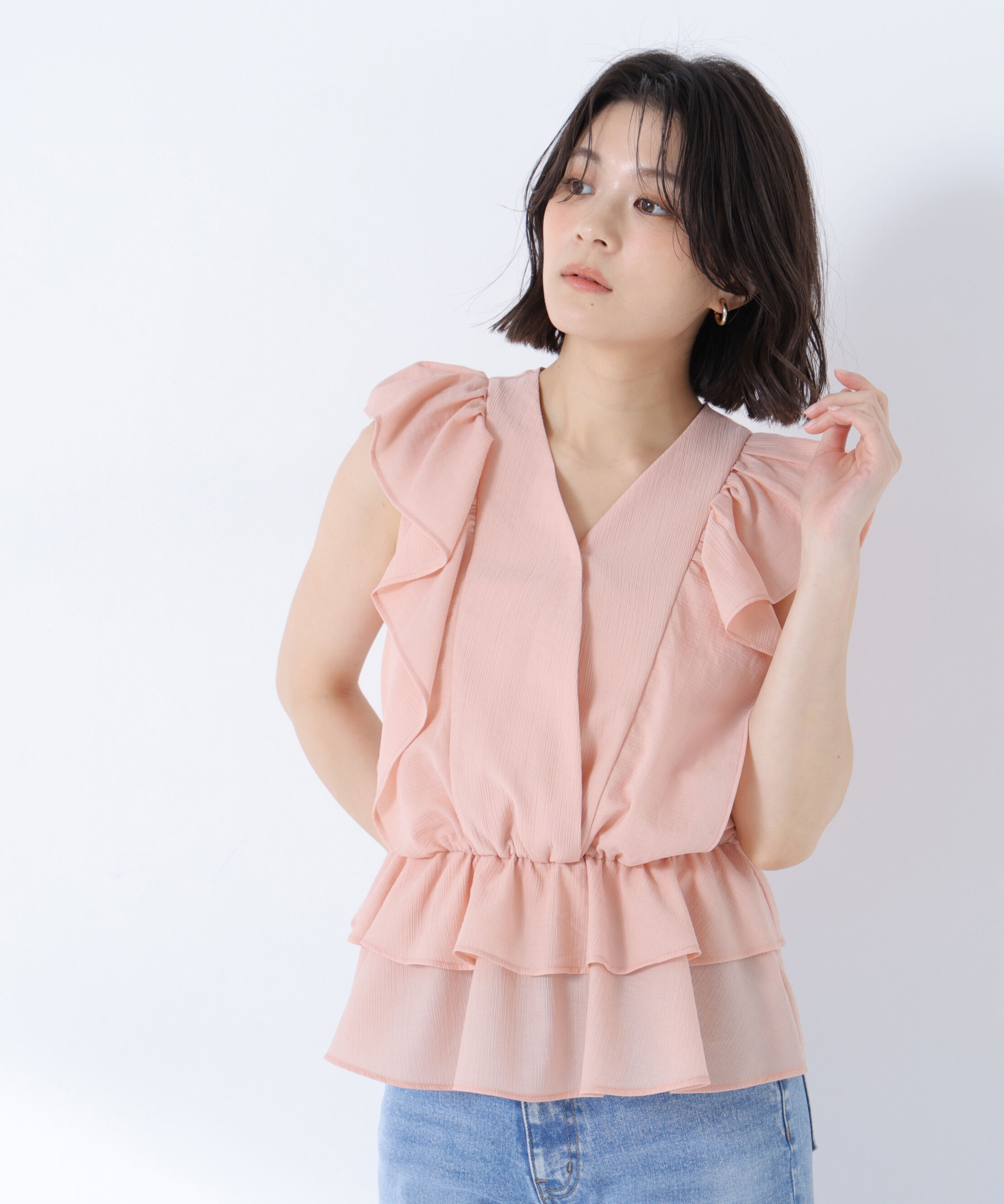  「〈山本里菜さんコラボ〉ラッフル楊柳ペプラムブラウス」|シャツ・ブラウス|ピンク