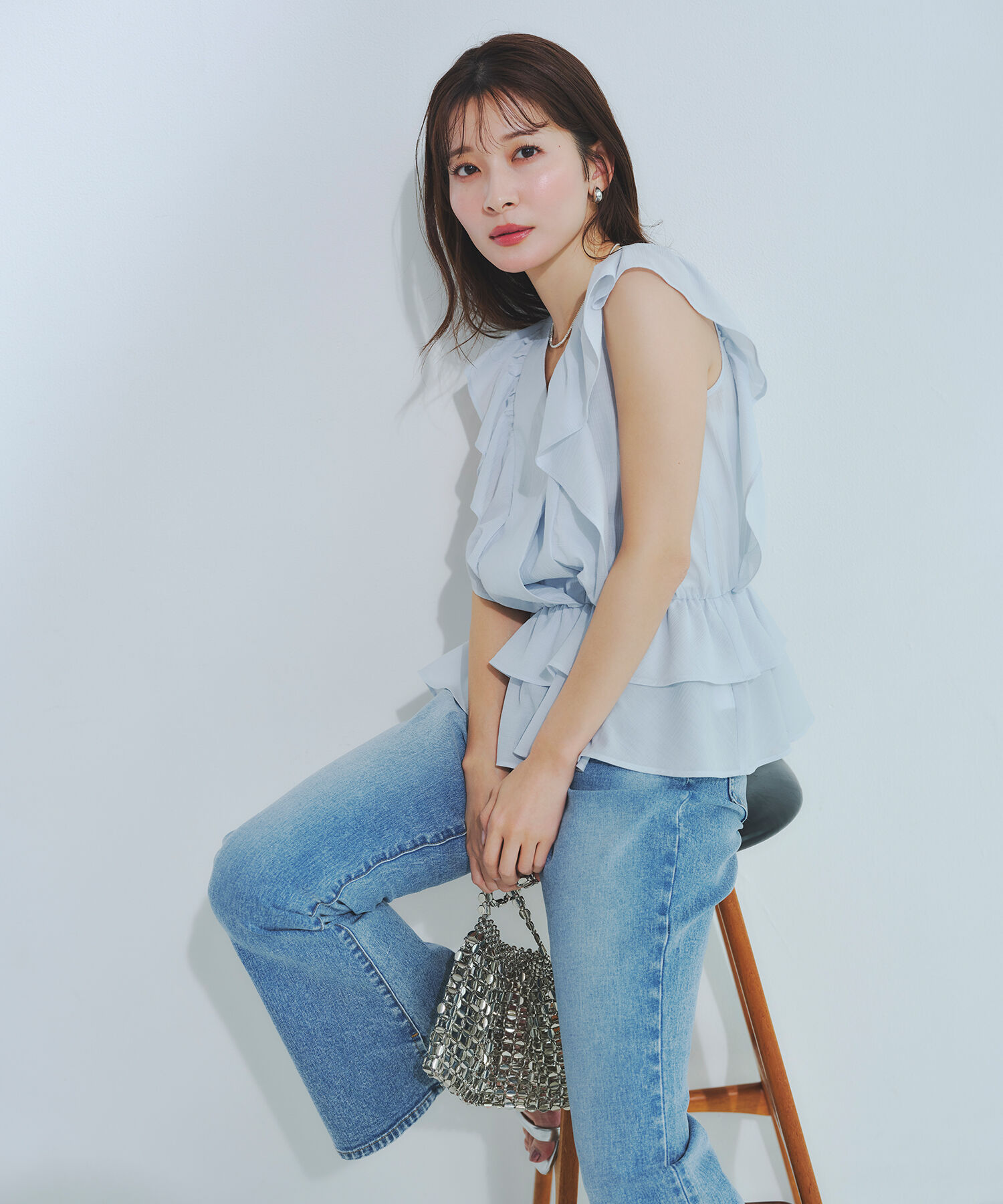  「〈山本里菜さんコラボ〉ラッフル楊柳ペプラムブラウス」|シャツ・ブラウス|ブルー