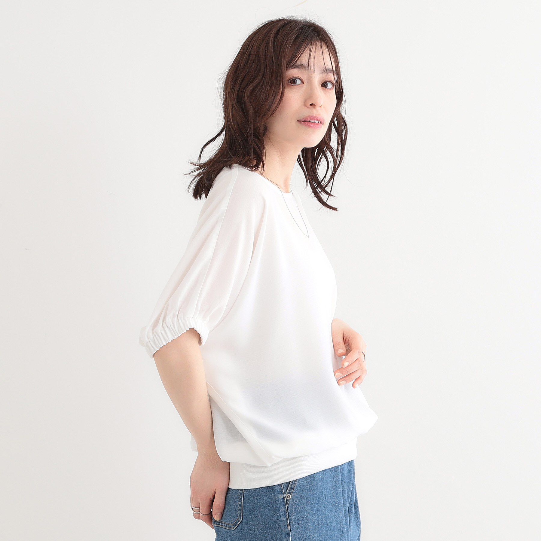 SHOO･LA･RUE「【高レビュー/UV/ひんやり/洗濯後しわになりにくい/5分袖】さらさら ドルマントップス」|シャツ・ブラウス|
