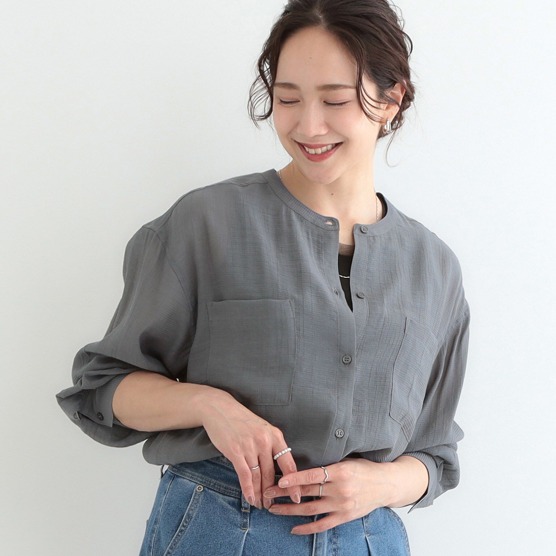 SHOO･LA･RUE「【高レビュー】大人のシアー感 バンドカラーシャツ」|シャツ・ブラウス|チャコールグレー(0