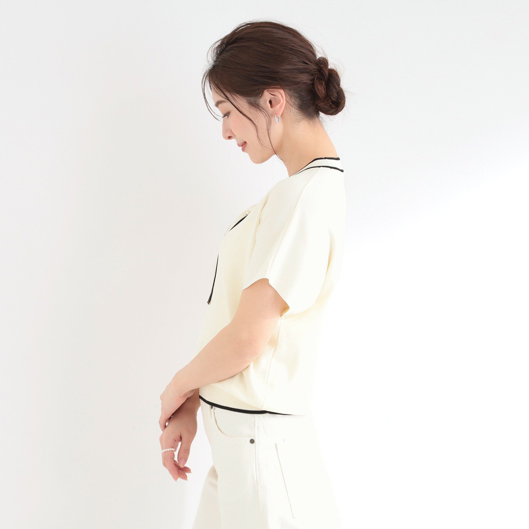 SHOO･LA･RUE「【ひんやり/毎日洗える/UV】二の腕も隠せる 配色ボウタイニット」|ニット・セーター|