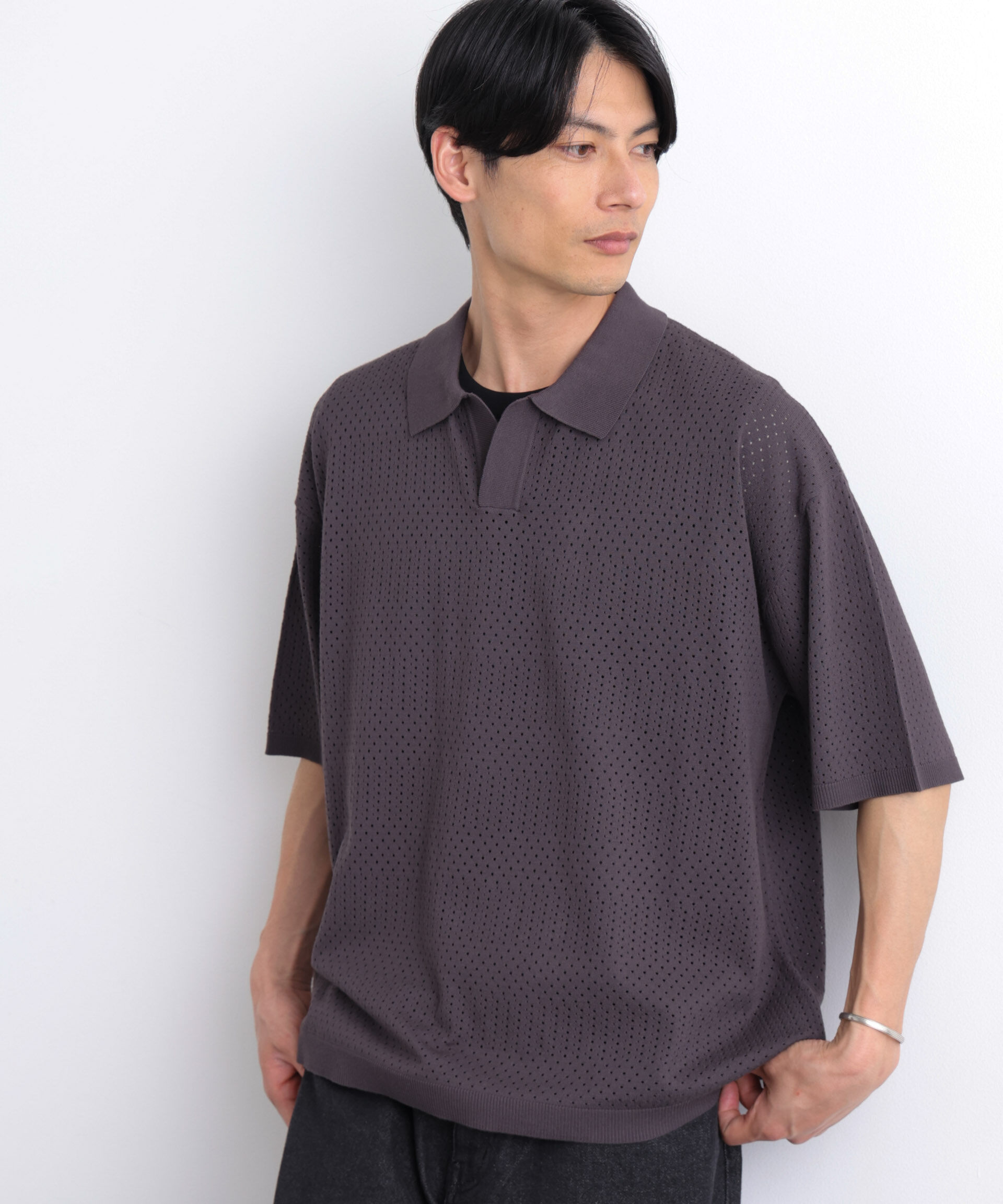 nano･universe「WEB限定/スキッパーテックニットポロシャツ/半袖」|Tシャツ・カットソー|チャコール3