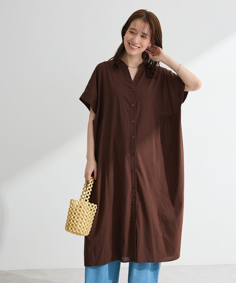 Green Parks「半袖シアースキッパーシャツワンピース」|ワンピース|Brown