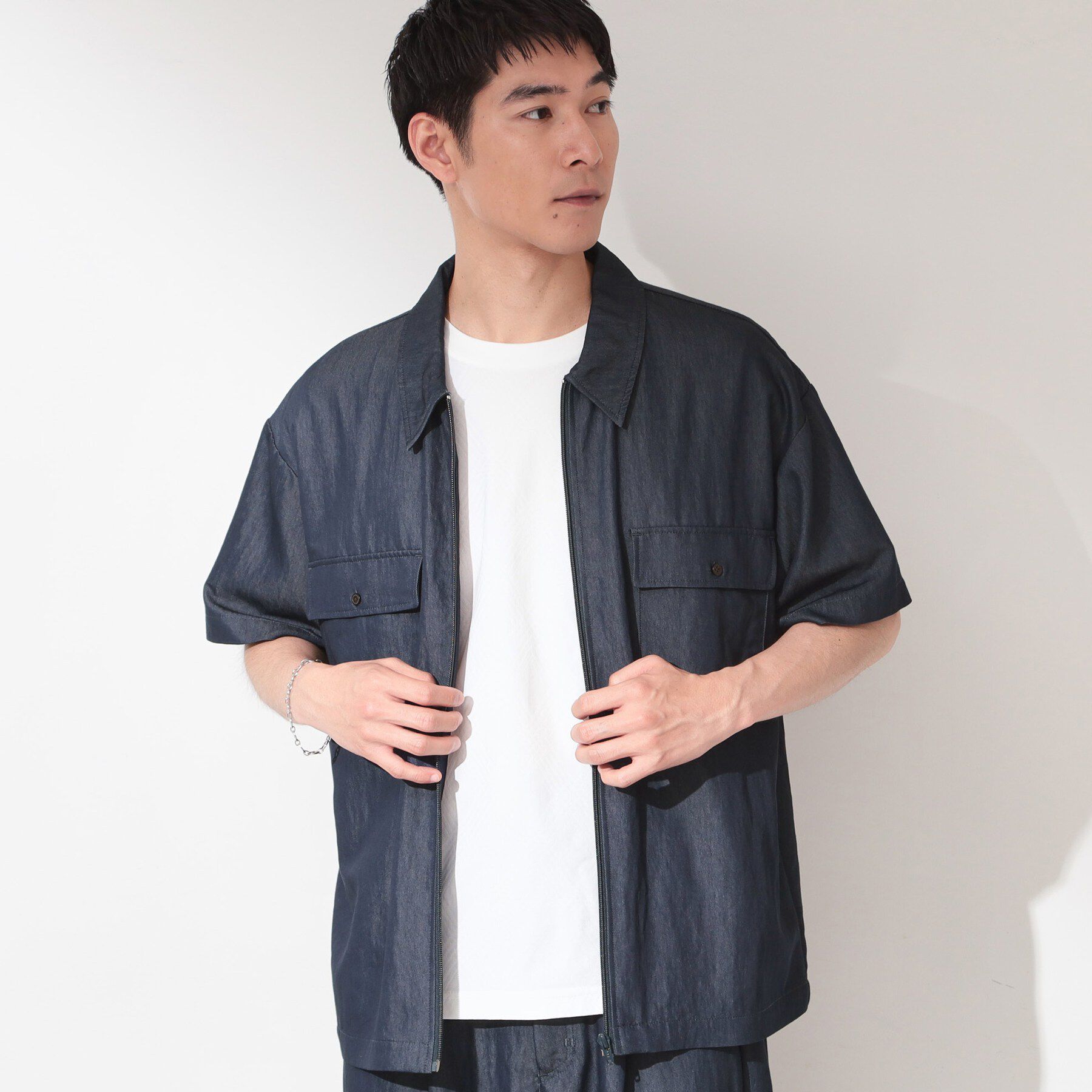THE SHOP TK「【セットアップ可／洗濯機OK】アソート ジップ半袖シャツ」|シャツ・ブラウス|ネイビー(094)