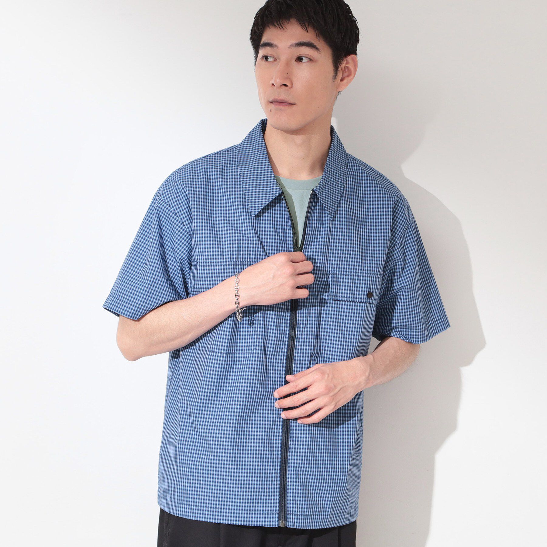 THE SHOP TK「【セットアップ可／洗濯機OK】アソート ジップ半袖シャツ」|シャツ・ブラウス|ブルー(293)