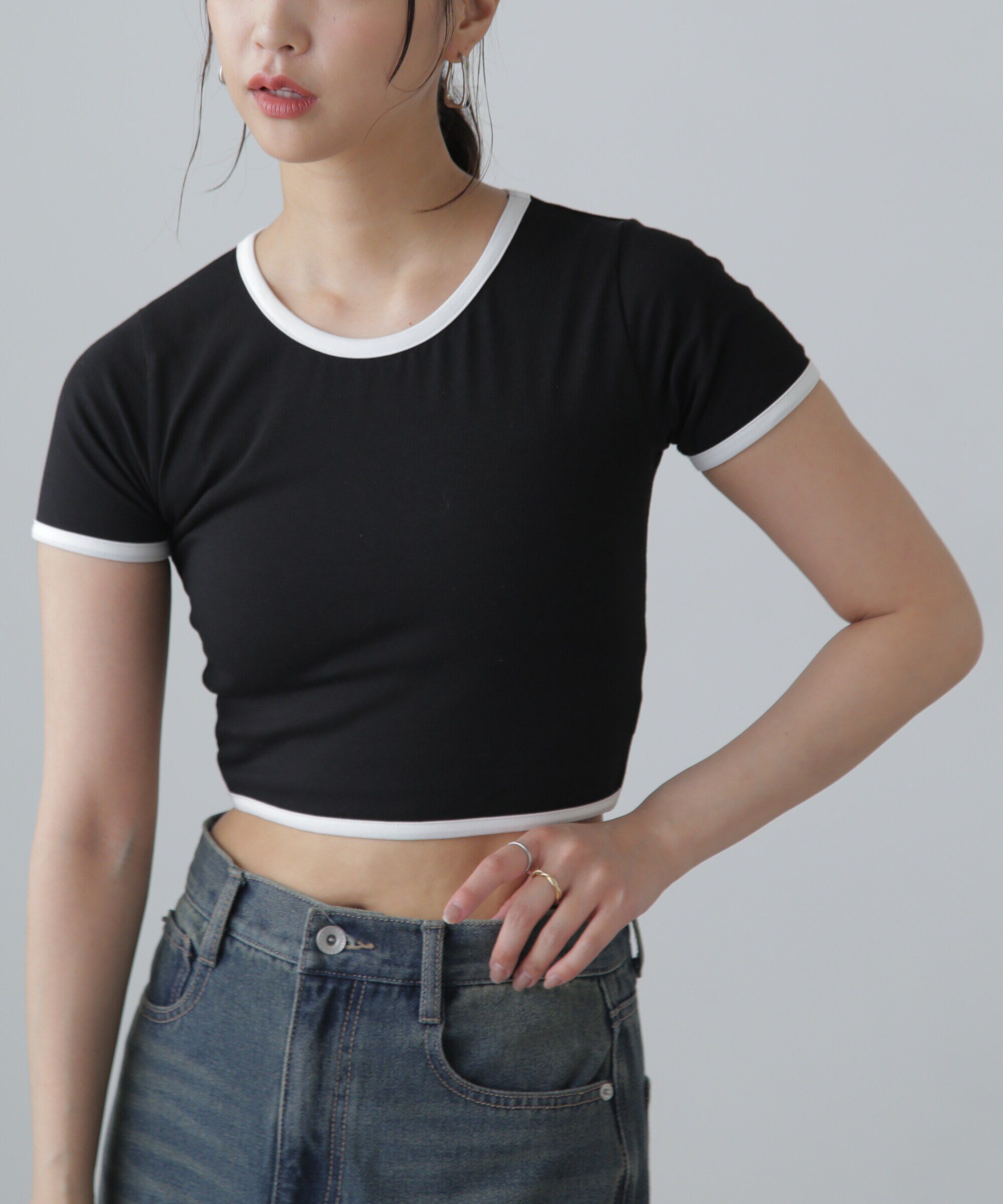  「ショート丈リンガーTシャツ」|Tシャツ・カットソー|ブラック