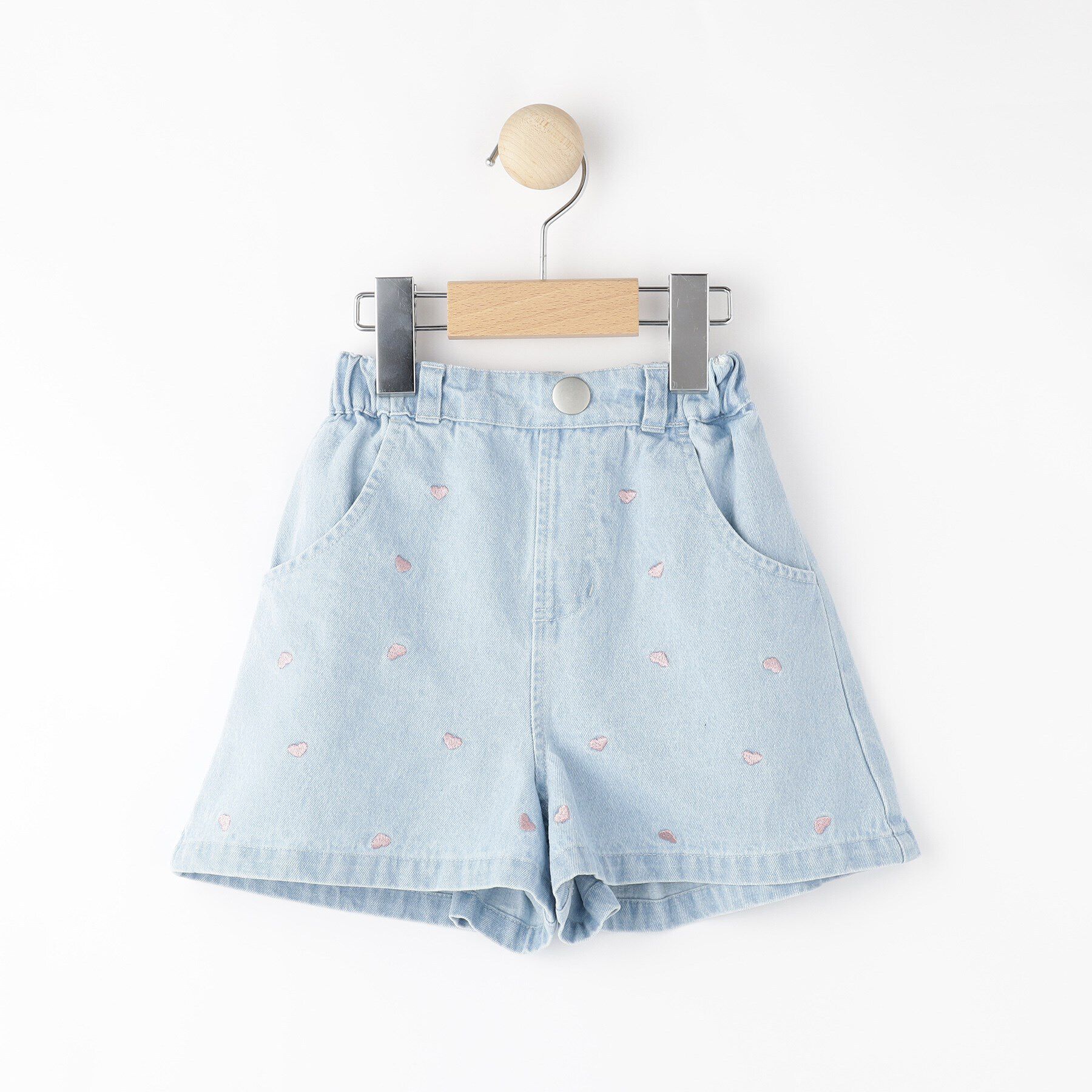 SHOO･LA･RUE「【100-150cm/洗える/姉妹リンクにも】ハート刺繍にキュンとする　デニムショートパンツ」|その他|サックスブルー(09