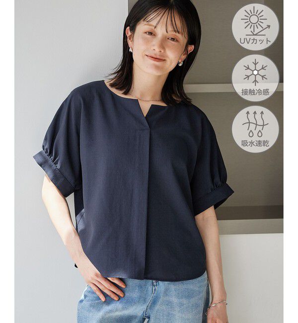 Rope&rsquo;Picnic「エアリーリネンライク キーネックブラウス/接触冷感・UVカット・速乾」|シャツ・ブラウス|ネイビー(40)