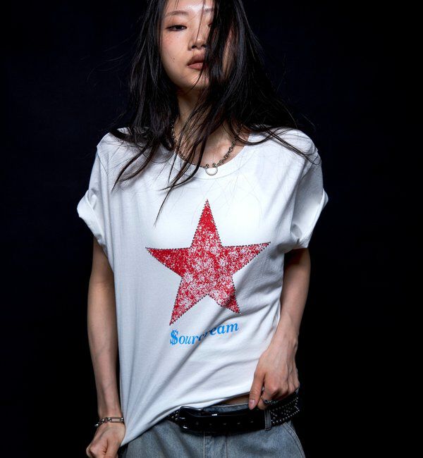  「【UNISEX】【Sourcream】ラインストーンスターグラフィックTEE」|Tシャツ・カットソー|