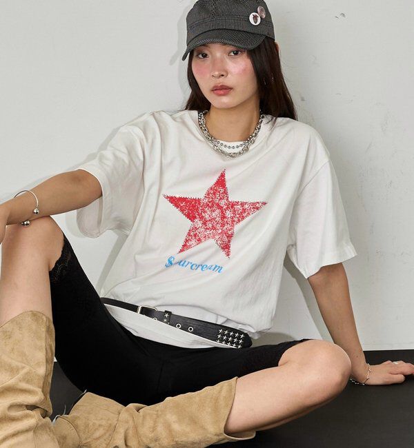 「【UNISEX】【Sourcream】ラインストーンスターグラフィックTEE」|Tシャツ・カットソー|