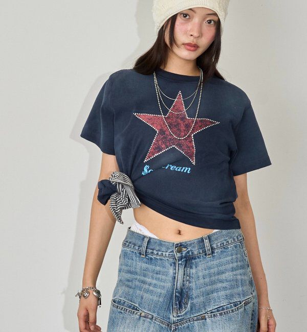  「【UNISEX】【Sourcream】ラインストーンスターグラフィックTEE」|Tシャツ・カットソー|