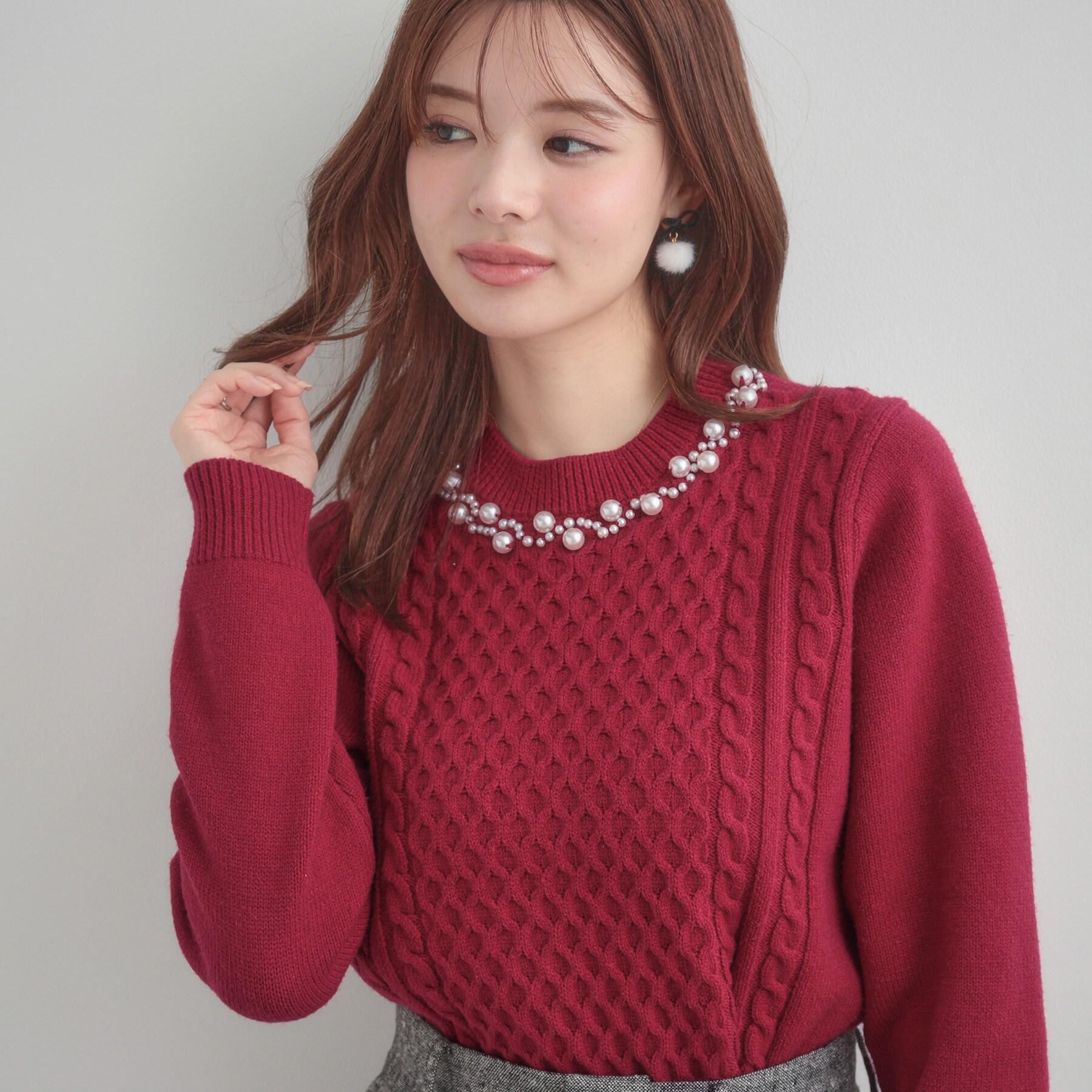 Couture broach「【きれいめ】パール調デザイン アラン柄ニット」|ニット・セーター|