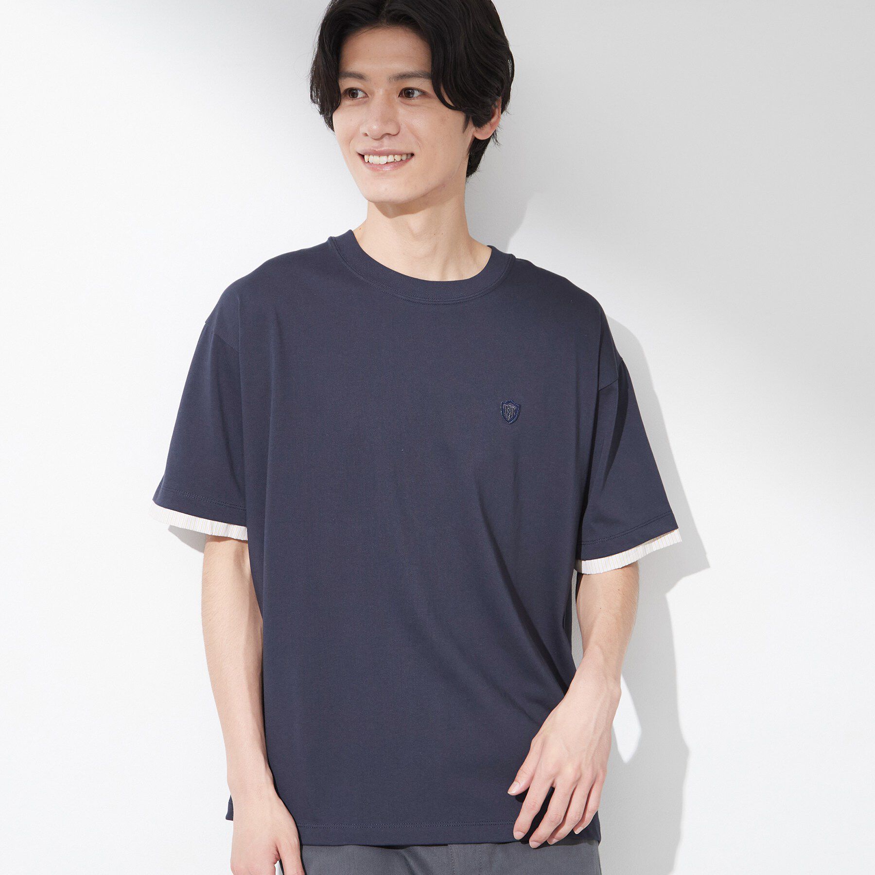 THE SHOP TK「【マシンウォッシャブル】袖レイヤード半袖Tシャツ」|Tシャツ・カットソー|ネイビー(094)