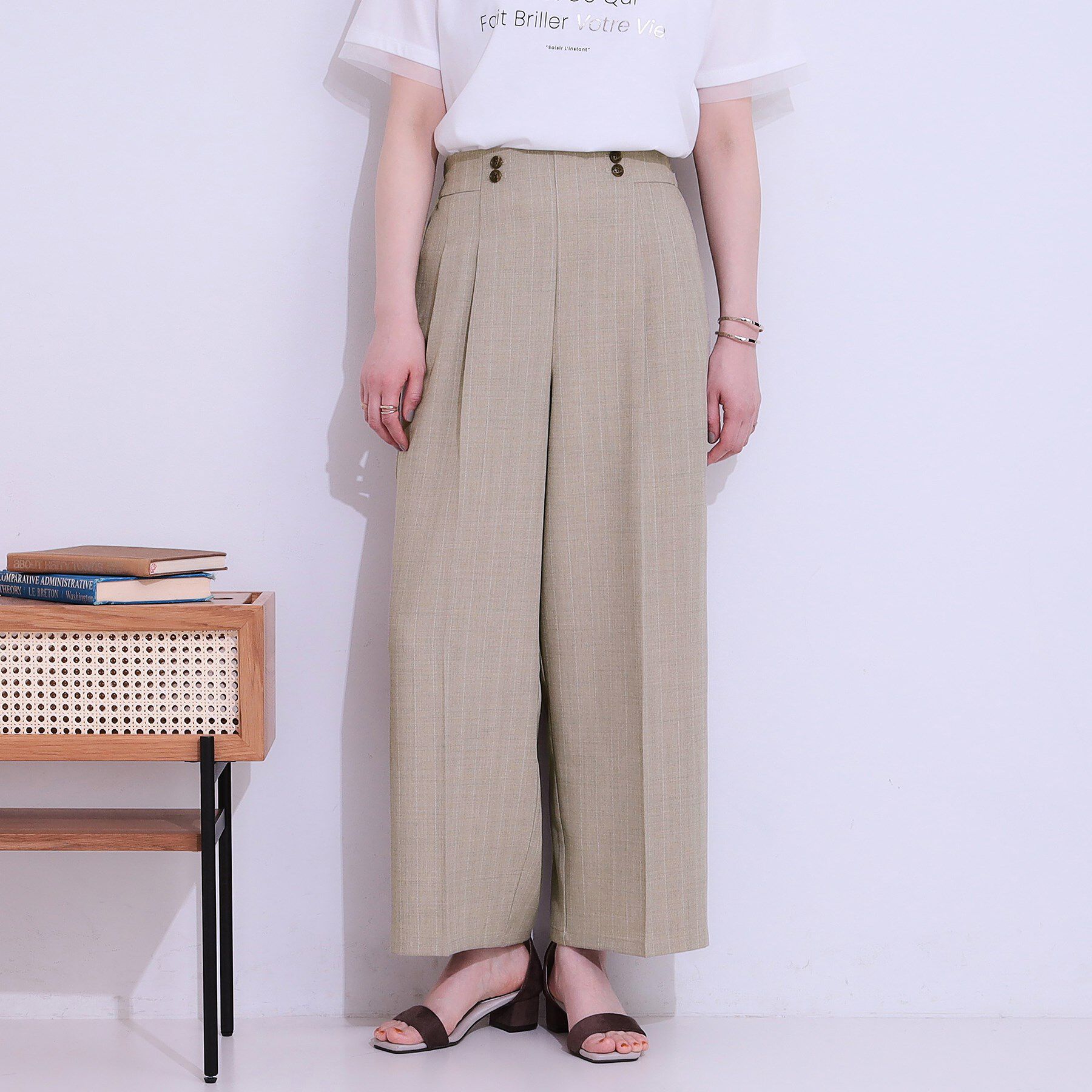 SHOO･LA･RUE「【セットアップ可】麻調ストライプワイドパンツ」|その他|モカブラウン(042