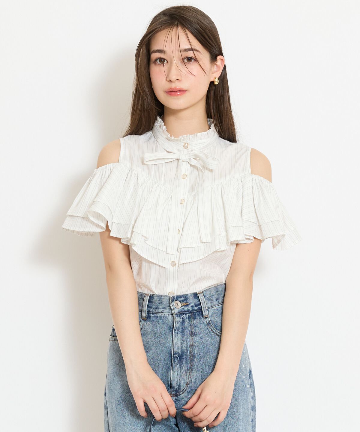 WILLSELECTION「スタンドフリル２WAYスリーブブラウス」|シャツ・ブラウス|white/borderｽﾄﾗｲﾌﾟ