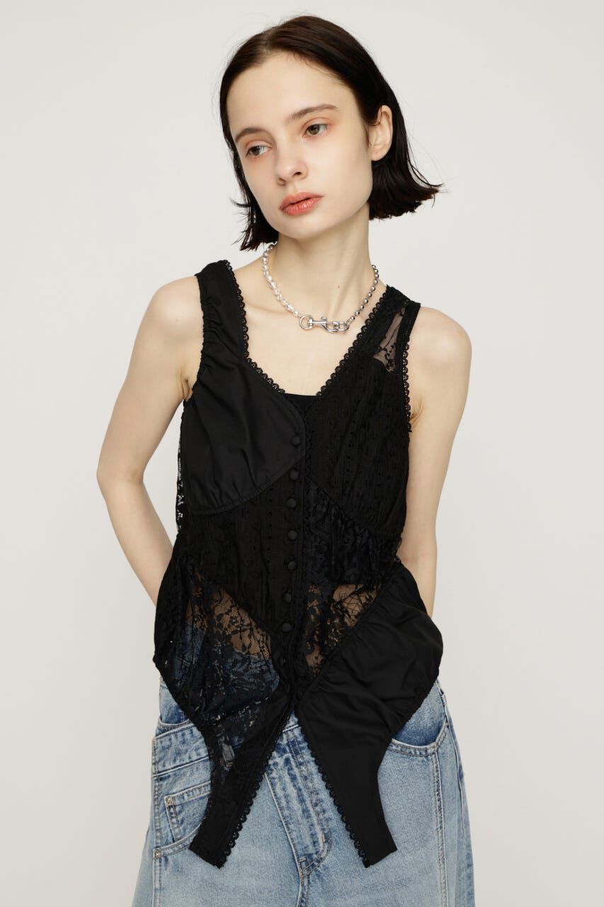 SLY「ASYMMETRY PATCHWORK LACE GILET」|その他|BLK