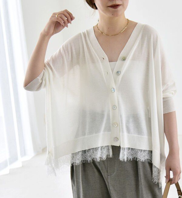 quaranciel「《予約》quaranciel:〈手洗い可能〉レース ヘム Vネック ポンチョ ニット カーディガン」|カーディガン|