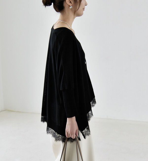 quaranciel「《予約》quaranciel:〈手洗い可能〉レース ヘム Vネック ポンチョ ニット カーディガン」|カーディガン|