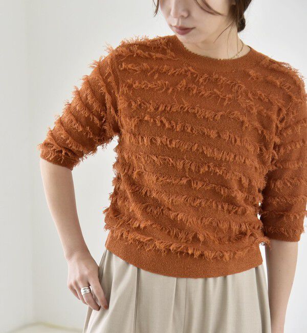 quaranciel「《予約》quaranciel:〈手洗い可能〉フリンジ ハーフスリーブ ニット プルオーバー」|ニット・セーター|キャメル