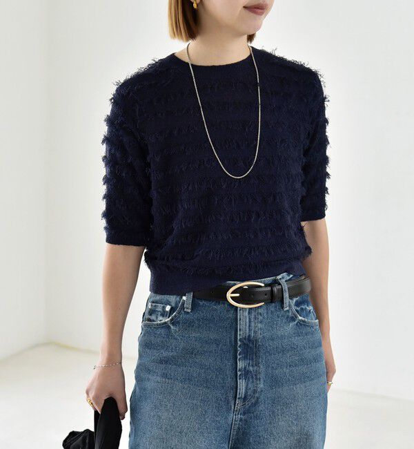 quaranciel「《予約》quaranciel:〈手洗い可能〉フリンジ ハーフスリーブ ニット プルオーバー」|ニット・セーター|ネイビー