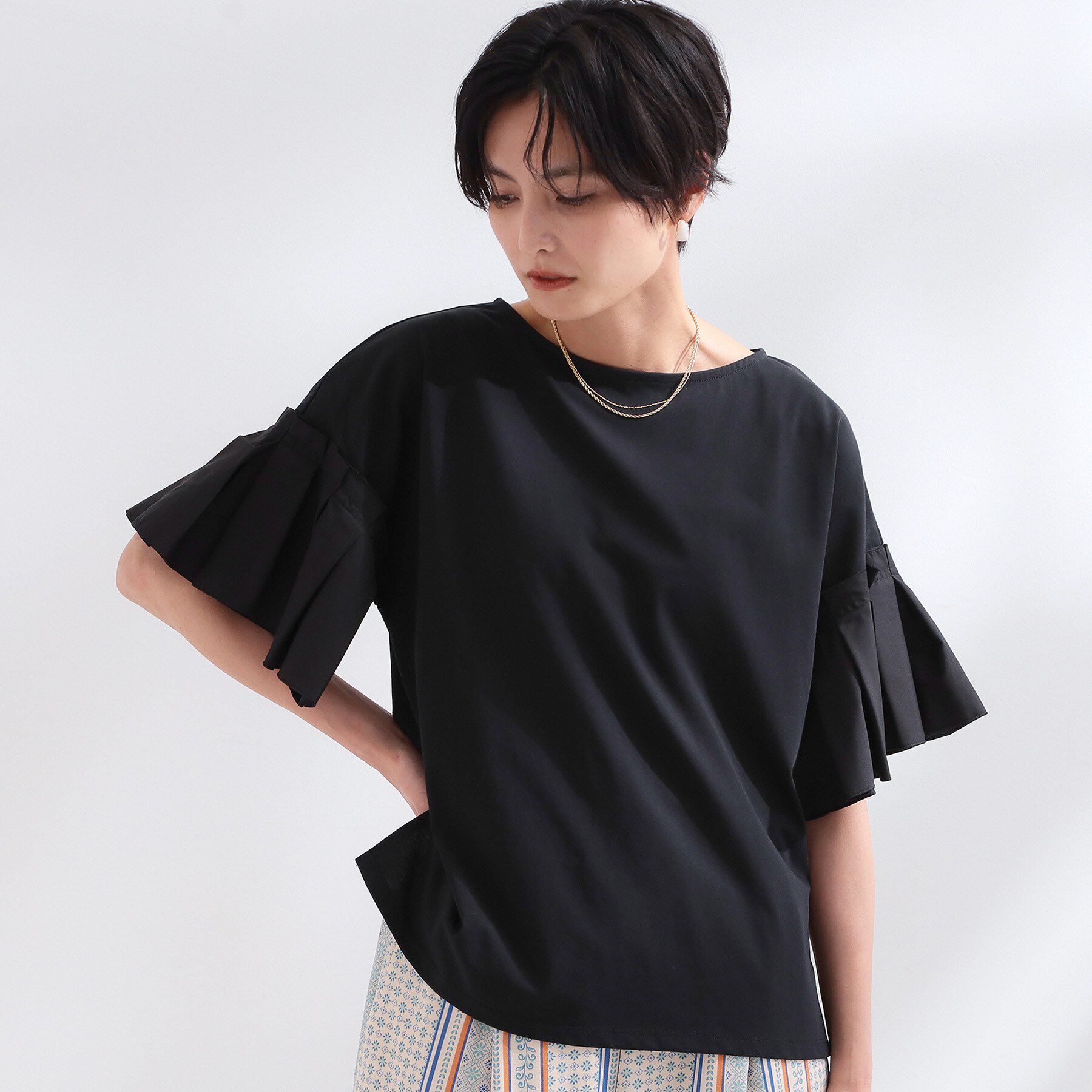 OPAQUE.CLIP「【接触冷感】タックスリーブカットソー《洗濯機OK》」|Tシャツ・カットソー|ブラック(019)