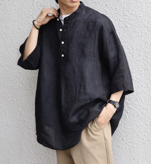 SHIPS any「SHIPS any:〈洗濯機可能〉ピュアリネン バンド スキッパー ハーフスリーブ プルオーバー シャツ 26SS◇」|シャツ・ブラウス|ブラック
