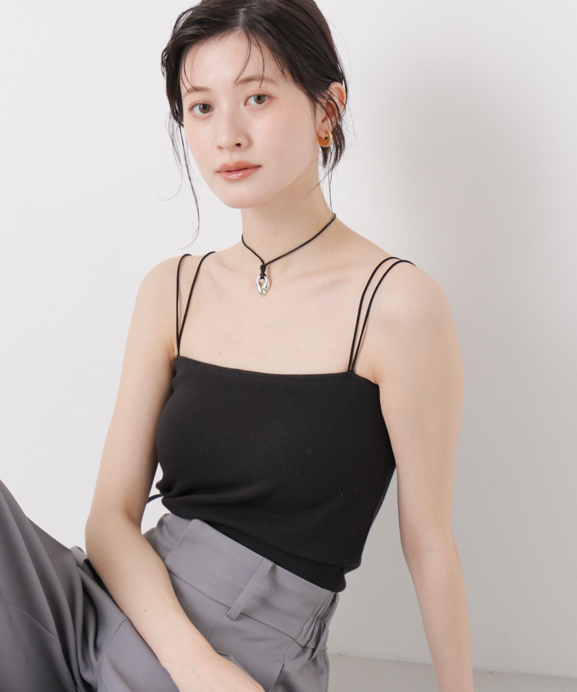 NANO universe「抗菌防臭リブカップ付きダブルストラップキャミソール」|Tシャツ・カットソー|ブラック