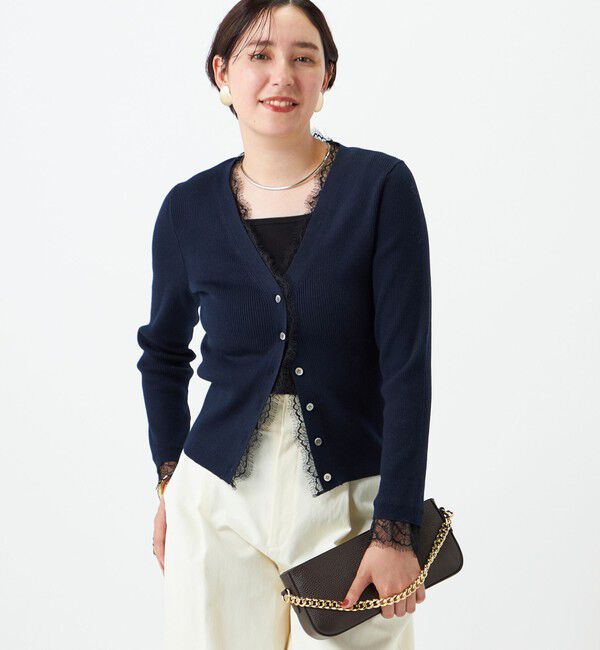 NOLLEY'S sophi「《手洗い可能》レース付きリブVネックカーディガン」|カーディガン|ダークネイビー