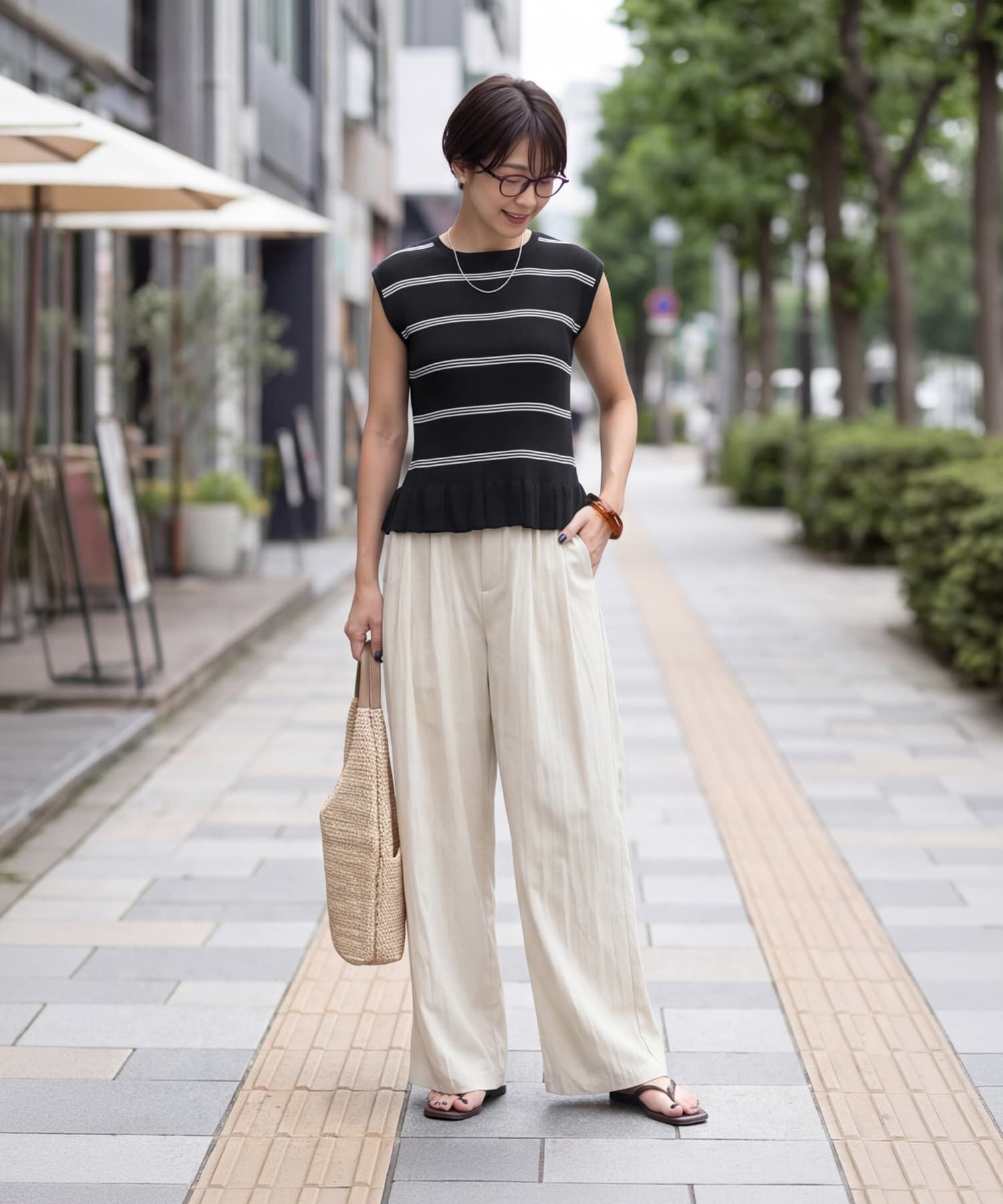 STYLE DELI「空間ボーダー裾ペプラムニットトップス」|ニット・セーター|