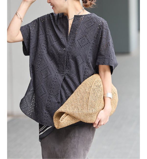 JOURNAL STANDARD「カットワークレースノーカラーブラウス」|シャツ・ブラウス|ブラック
