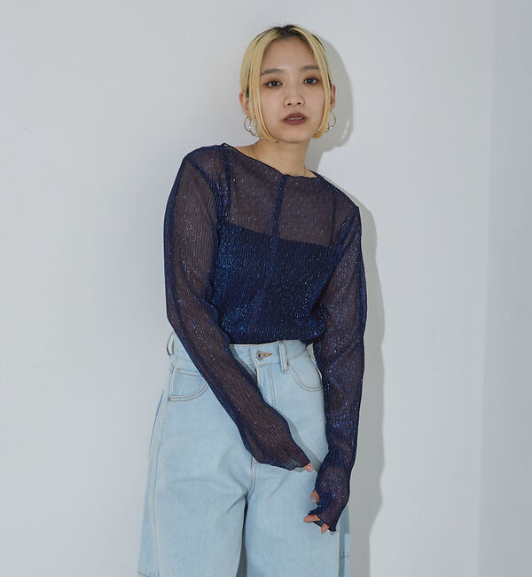 NOMINE「ラメ シアー プリーツ トップス （ロンＴ)」|Tシャツ・カットソー|ブルー