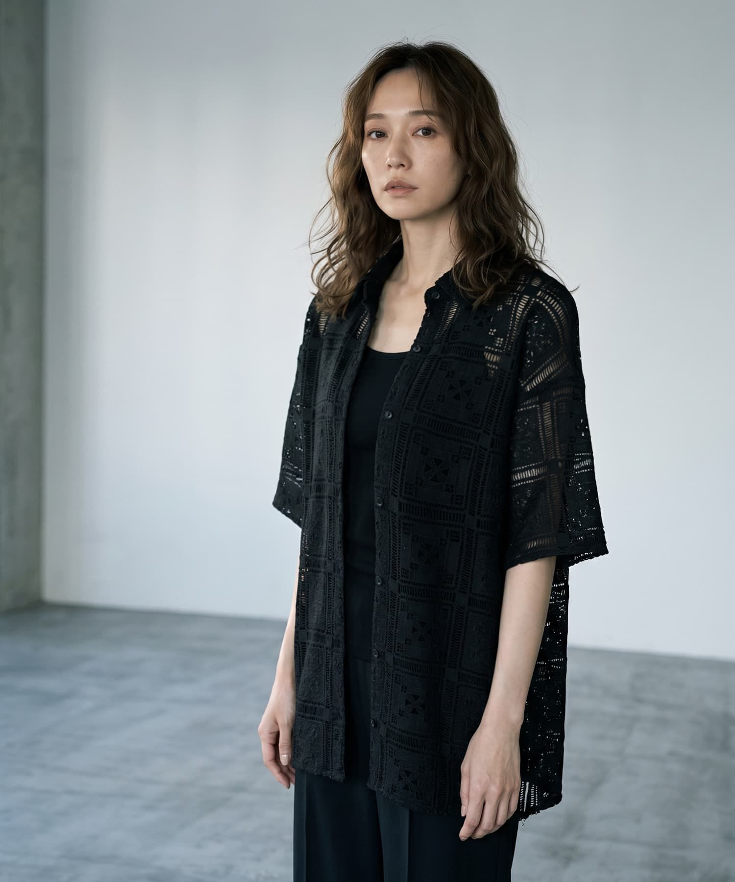 STYLE DELI「【BLK001】クロシェレースハーフスリーブシャツ」|シャツ・ブラウス|ブラック