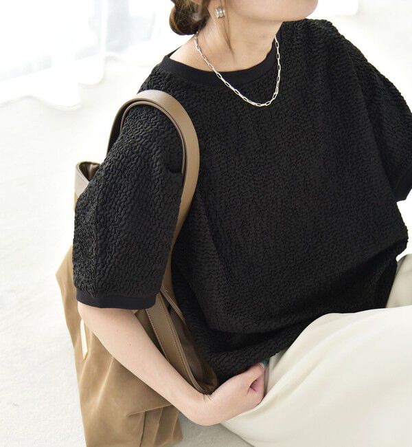 quaranciel「《予約》quaranciel:〈洗濯機可能〉カットジャカード ルーズ フレンチスリーブ プルオーバー」|Tシャツ・カットソー|