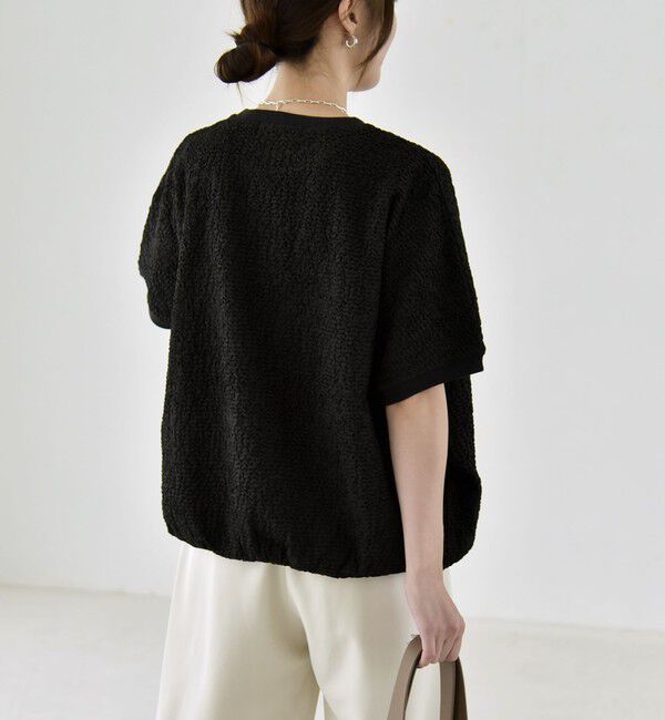 quaranciel「《予約》quaranciel:〈洗濯機可能〉カットジャカード ルーズ フレンチスリーブ プルオーバー」|Tシャツ・カットソー|