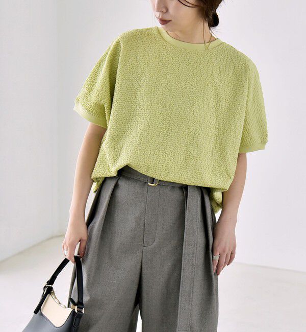 quaranciel「《予約》quaranciel:〈洗濯機可能〉カットジャカード ルーズ フレンチスリーブ プルオーバー」|Tシャツ・カットソー|