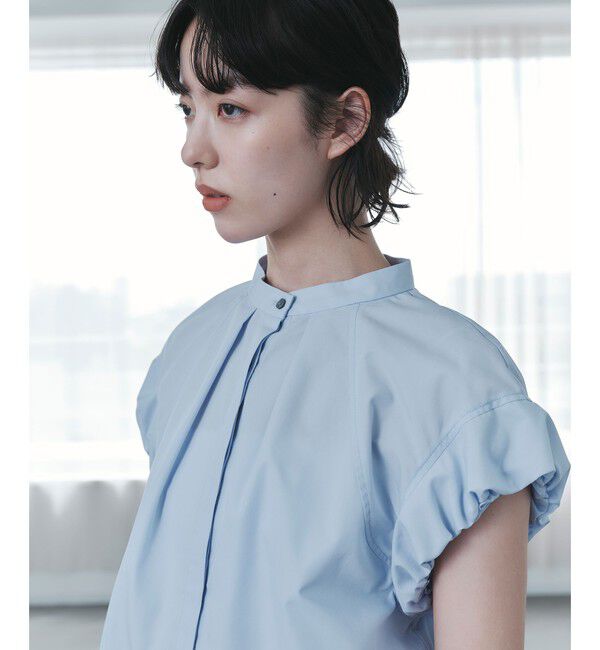 EMMEL REFINES「＜EMMEL REFINES＞EM ギャザー ミニパフスリーブ バンドカラー シャツ」|シャツ・ブラウス|LT.BLUE