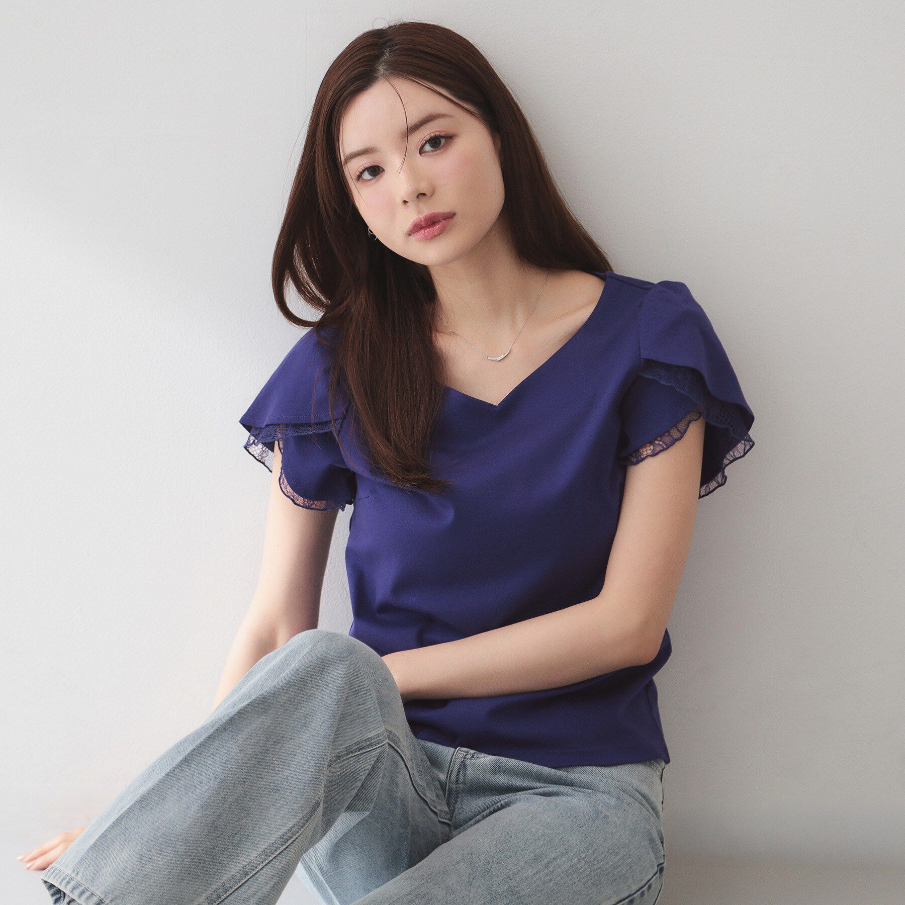 index「【接触冷感／UVケア】ハートネックレースレイヤードトップス《洗濯機OK／6col》」|Tシャツ・カットソー|ブルー(093)
