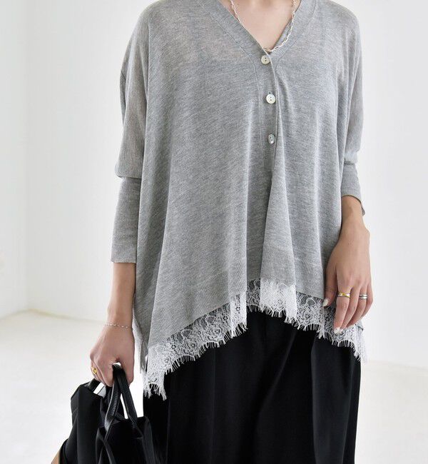 quaranciel「《予約》quaranciel:〈手洗い可能〉レース ヘム Vネック ポンチョ ニット カーディガン」|カーディガン|