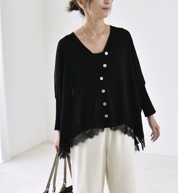 quaranciel「《予約》quaranciel:〈手洗い可能〉レース ヘム Vネック ポンチョ ニット カーディガン」|カーディガン|