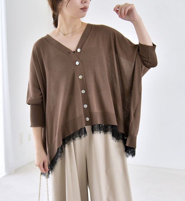 quaranciel「《予約》quaranciel:〈手洗い可能〉レース ヘム Vネック ポンチョ ニット カーディガン」|カーディガン|