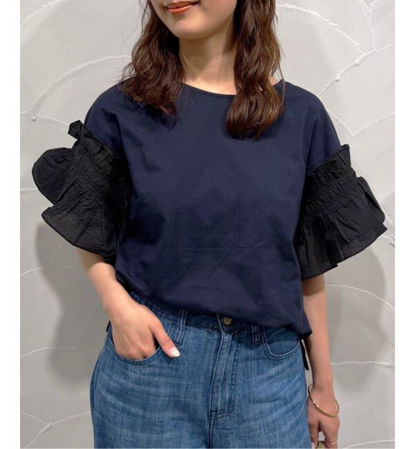 SLOBE IENA「《汗染み防止》フリルスリーブプルオーバー」|Tシャツ・カットソー|ネイビー