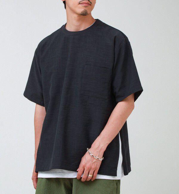 GLOSTER「【布帛ライクできれい見え】麻混サイドジップTシャツ」|Tシャツ・カットソー|チャコールグレー